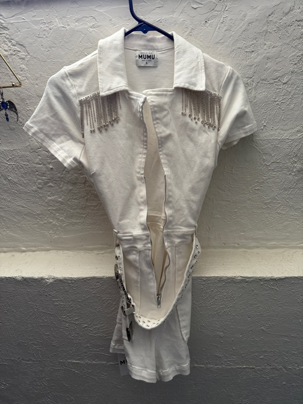 Show my your Mumu White Short-Sleeve Romper with Silver Chain Fringe